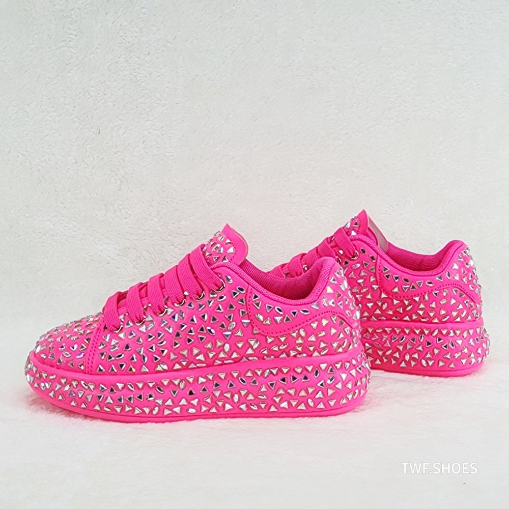 Geo Dazzle Cush Iridescent Stone Hot Pink Platform Sneakers Tennis Shoes - Picture 9 of 11